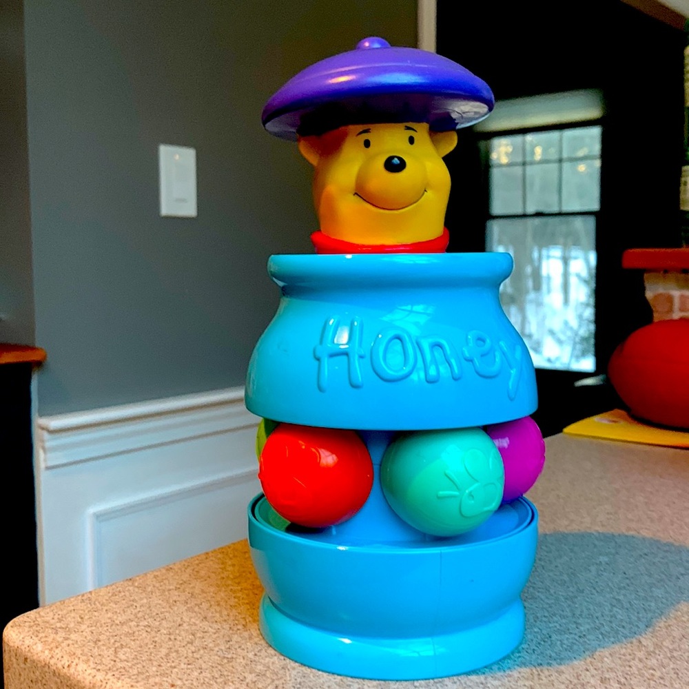 Vintage Disney Winnie-the-Pooh Light Blue Spinning Honey Pot Pop-Up Toy Mattel